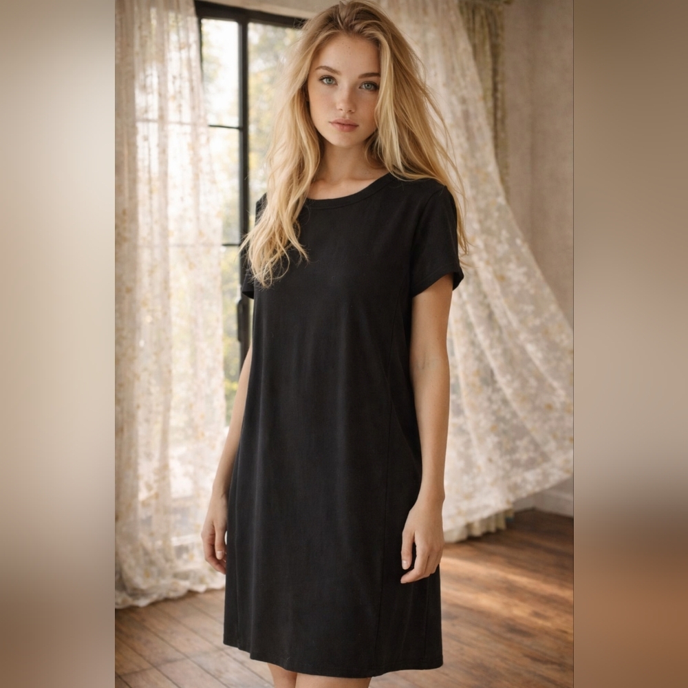 Eileen Fisher Black Jersey Shift Dress 1X | Minimalist Stretch Viscose Dress